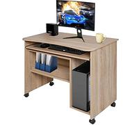 BAKAJI Escritorio con Bandeja extraíble y Compartimento Inferior para Ordenador, de Madera MDF con 4 Ruedas, decoración para casa, Oficina, Dormitorio Moderno (Roble)