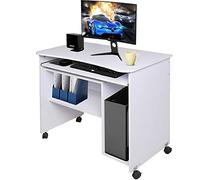 BAKAJI Escritorio con Bandeja extraíble y Compartimento Inferior para Ordenador, de Madera MDF con 4 Ruedas, decoración para casa, Oficina, Dormitorio Moderno (Blanco)