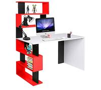 BAKAJI Escritorio con doble librería, 7 estantes, mesa de trabajo para ordenador, estructura y tablero de madera MDF, decoración para casa, oficina, dormitorio, diseño moderno, 120 x 60 x 148 cm (Red)