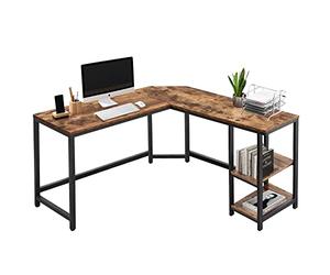 BAKAJI Escritorio esquinero con estantería de 2 estantes, mesa de trabajo para ordenador, estructura metal negro y tablero de madera MDF con efecto antiguo, decoración diseño moderno industrial