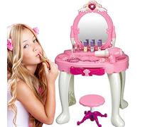 BAKAJI Espejo Make-Up Juguete para niños con Taburete, Luces de Sonido, secador de Pelo, Funciona a Pilas y Accesorios de Juego Dimensiones 45 x 32 x 72 cm