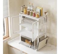 BAKAJI Estantería para microondas de metal ahorra espacio, estantería porta microondas con vitrina transparente, base antideslizante, 2 estantes interiores, 57 x 37 x 76 cm (blanco)