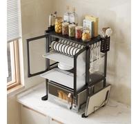 BAKAJI Estantería para microondas de metal para ahorrar espacio, estantería porta microondas con vitrina transparente, base antideslizante, 2 estantes interiores, 57 x 37 x 76 cm (negro)