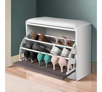 BAKAJI Estanteru00eda para zapatos de estantes con puerta de madera ahorradora de con triple profundidad y asiento en cuero ecolu00f3gico, del 60 X 30 X 48 Cm