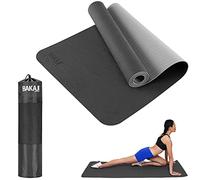 BAKAJI Esterilla de yoga de TPE ecológica de doble capa antideslizante de alta densidad, colchoneta de entrenamiento, fitness, aerobic, gimnasio, tamaño 180 x 61 cm con funda (negro/gris)