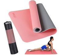 BAKAJI Esterilla de yoga de TPE ecológica de doble capa antideslizante de alta densidad, colchoneta de entrenamiento, fitness, aerobic, gimnasio, tamaño 180 x 61 cm con funda (rosa/gris)
