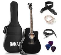 BAKAJI Guitarra electroacústica de 41 pulgadas con funda, kit de repuesto de cuerdas, púas, cable para amplificador y correa, guitarra folk con forma de cutaway para adultos y principiantes (negro)