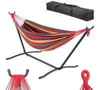 BAKAJI Hamaca de jardín brasileña con soporte de acero con bolsa de transporte para ahorrar espacio, marco cómodo multicolor y estructura resistente, capacidad de carga 200 kg, ideal para exteriores e