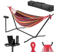 BAKAJI Hamaca de jardín brasileña con Soporte de acero y Soporte portavasos, Soporte para teléfono y Tablet con Bolsa de Transporte para Ahorrar Espacio, Capacidad de Carga 200 kg, Ideal para