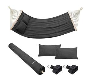 Bakaji Hamaca de jardín Doble 2 plazas 232 x 148 cm Barras transversales de Madera Revestimiento de polialgodón con 2 Cojines y Correas, diseño Moderno para jardín, terraza, Camping (Antracita)