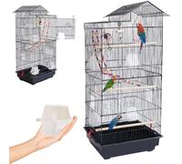 BAKAJI Jaula de Aviones para pájaros, Loros inseparables, calopsite, periquitos, volátiles, de Metal y Madera Negra con Juguetes, Accesorios, Jaula con Escalera y Bandeja extraíble