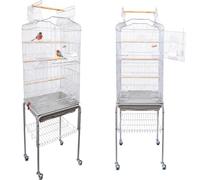 BAKAJI Jaula pajarera para pájaros, Loros inseparables, cacatúas, periquitos volátiles, Pedestal y Ruedas, Techo abrible y comederos, Perchas de Madera, Bandeja extraíble (Gris)