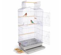 BAKAJI Jaula pajarera para pájaros, Loros inseparables, periquitos, Aves, Techo abatible y comederos, Perchas de Madera, Jaula con Bandeja extraíble para fácil Limpieza (Gris)