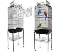 BAKAJI Jaula para pájaros, Loros inseparables, Loros, jaulas de Loros, reposapiés y Ruedas, Techo corredizo y comedero, bancal de Madera, Bandeja extraíble (Negro)
