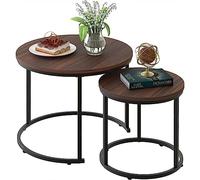 BAKAJI Juego de 2 mesas de salón empotradas, Forma Redonda con Estructura de Metal Negro y Tapa de Madera Nogal, mesas de café para Ahorrar Espacio, diseño Industrial, decoración de salón, casa,