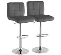 BAKAJI Juego de 2 taburetes Altos para Bar o Cocina, Asiento y Respaldo de Piel sintética, con Base de Metal Cromado con reposapiés, Altura Regulable, diseño Moderno (Gris Oscuro)