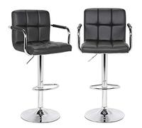 BAKAJI Juego de 2 taburetes de Bar, Cocina, Asiento y Respaldo de Piel sintética, Base de Metal Cromado con reposapiés y reposabrazos, diseño Moderno Giratorio, Altura Regulable (Negro)