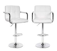 BAKAJI Juego de 2 taburetes de Bar, Cocina, Asiento y Respaldo de Piel sintética, Base de Metal Cromado con reposapiés y reposabrazos, diseño Moderno Giratorio, Altura Regulable (Blanco)