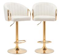 BAKAJI Juego de 2 taburetes de cocina con altura ajustable y revestimiento de tela, sillas de bar, restaurantes, con estructura dorada y reposapiés, taburete giratorio con respaldo cómodo acolchado