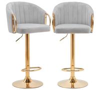 BAKAJI Juego de 2 taburetes de Cocina con Altura Ajustable y Revestimiento de Tela, sillas de Bar, restaurantes, con Estructura Dorada y reposapiés, Taburete Giratorio con Respaldo cómodo Acolchado