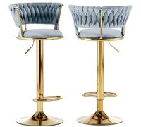 BAKAJI Juego de 2 taburetes de Cocina con Revestimiento de Terciopelo y Respaldo Trenzado y Altura Ajustable, sillas de Bar, Restaurante, Estructura giratoria de Oro con reposapiés, diseño Moderno