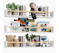 BAKAJI Juego de 3 estantes de pared de madera, estantes de pared multiusos y barra de protección de objetos, estantería para dormitorio, salón, cocina, librería para ahorrar espacio, 3 x 60 cm (blanco