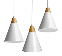 BAKAJI Juego de 3 lámparas colgantes de techo de metal y madera de diseño moderno industrial portalámparas blanco E27 bombilla máx. 25 W iluminación decoración casa con kit de montaje