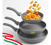 BAKAJI Juego de 3 sartenes Primolla de 20 - 24 - 28 cm de diámetro, revestimiento efecto piedra antiadherente Pfoa Free para cocción homogénea, mango térmico Cool Touch, ideal para hornillos de gas