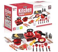 BAKAJI Juego de 36 Piezas de Cocina, Juguete para niños, con Sonidos realistas, simulación, Juegos, Juegos, Juegos, Cocinero, con Comida, sartenes, cucharones, Cocina, Multiusos, Color Rojo