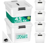 BAKAJI Juego de 4 contenedores con tapa para ropa de plástico con ruedas, portaobjetos apilables para almacenamiento de ropa, cajas para armario, juguetes, libros, ahorra espacio (4 x 45 l alto)