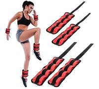 BAKAJI Juego de 4 pesas para muñecas y tobillos de 2 kg + 1 kg de entrenamiento para gimnasio aeróbico, fitness, potenciación muscular de neopreno con cierre de velcro y hebilla ajustable (color rojo)