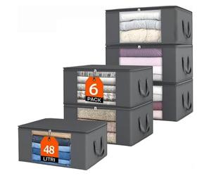 BAKAJI Juego de 6 cajas con capacidad de 48 litros para ropa que ahorra espacio, contenedores organizadores plegables, extragrandes, ideales para dormitorio, armario, con ventana frontal transparente