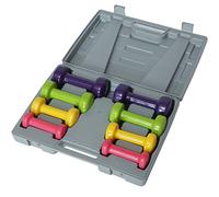 BAKAJI - Juego de 8 mancuernas de gimnasio con maletín (2 x 0,5 kg + 2 x 1 kg + 2 x 1,5 kg + 2 x 2 kg), peso fitness revestimiento de goma espuma, ergonómico, antioxidante, antideslizante