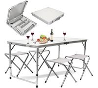 BAKAJI Juego de mesa plegable de 120 x 70 cm con 4 taburetes de picnic o playa, estructura tubular de aluminio, tablero de ABS, asientos de tela plegable, ahorra espacio con asa