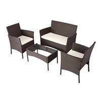 BAKAJI Juego de salón Completo con sofá de 2 sillones y Mesa de Cristal y ratán, Estructura de Acero galvanizado con Cojines extraíbles, decoración de jardín, terraza, diseño Moderno, Color marrón