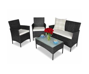 BAKAJI Juego de salón Completo con sofá de 2 sillones y Mesa de Cristal y ratán, Estructura de Acero galvanizado con Cojines extraíbles, decoración de jardín, terraza, diseño Moderno, Color Negro