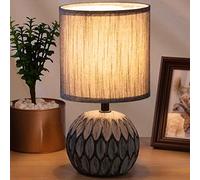 BAKAJI Lámpara de mesa con base de bola decorada de cerámica pantalla de tela gris luz mesita de noche dormitorio luz bombilla E14 máx. 40 W Abatjour diseño moderno dimensiones 26 x 14 cm