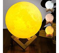 BAKAJI Lámpara de mesa con forma de luna, luz LED de hasta 3 colores seleccionables y ajuste de brillo regulable encendido táctil Moon Lamp batería de litio carga USB con soporte de madera (15 cm)