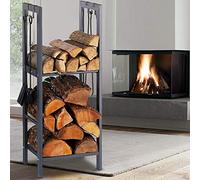 BAKAJI Leñera vertical soporte estantería de metal porta leña 2 estantes de interior exterior leñera casa jardín para chimenea, chimenea, estufa de diseño moderno (100 x 40 x 30 cm)