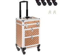 BAKAJI Maleta de maquillaje profesional, neceser esteticista portátil, maletín porta maquillaje con textura oleográfica triangular y ruedas desmontables, maletín organizador maquillaje viaje, dorado,