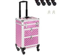 BAKAJI Maleta de maquillaje profesional, neceser esteticista portátil, maletín porta maquillaje con textura oleográfica triangular y ruedas desmontables, maletín organizador maquillaje viaje, Rosa,