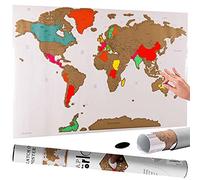 BAKAJI Mapa del mundo para rascar, mapa geográfico, tamaño 82,5 x 59,5 cm, montaje en pared, diseño moderno, cilindro y archivador, idea de regalo (blanco)