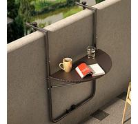 BAKAJI Mesa Auxiliar de barandilla para Exterior, balcón Plegable, Ahorro de Espacio, Altura Ajustable, Estructura de Metal y Tablero de polirratán xon portavasos Dimensiones 60 x 64 cm (marrón)