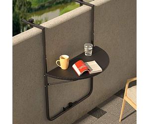 BAKAJI Mesa Auxiliar de barandilla para Exterior, balcón Plegable, Ahorro de Espacio, Altura Ajustable, Estructura de Metal y Tablero de poliratán xon portavasos Dimensiones 60 x 64 cm (Negro)
