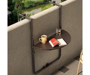 BAKAJI Mesa Auxiliar de barandilla para Exterior, balcón Plegable, Ahorro de Espacio, Altura Ajustable, Estructura de Metal y Tablero de polirratán xon portavasos Dimensiones 60 x 64 cm (marrón)