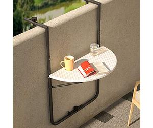 BAKAJI Mesa Auxiliar de barandilla para Exterior, balcón Plegable, Ahorro de Espacio, Altura Ajustable, Estructura de Metal y Tablero de polirratán xon portavasos Dimensiones 60 x 64 cm (Blanco)