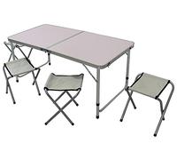 BAKAJI Mesa de Camping 120 x 60 cm. Altura Ajustable, Plegable. Tamaño de Maleta fácil de Transportar, Ideal para Picnic, jardín, Playa con 4 taburetes Plegables de Aluminio.