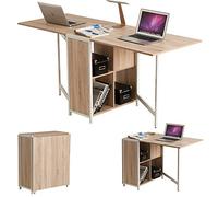 BAKAJI Mesa Multiusos Plegable Extensible con 4 Compartimentos y estantes retráctiles, de Madera y Acero, Color Beige