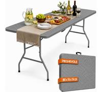 BAKAJI Mesa plegable de resina HDPE con tablero efecto ratán y estructura de acero, mesa de exterior e interior plegable con asa, ideal para fiestas, jardín, buffet