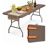 BAKAJI Mesa plegable de resina HDPE con tablero efecto ratán y estructura de acero, mesa de exterior e interior plegable con asa, ideal para fiestas, jardín, buffet